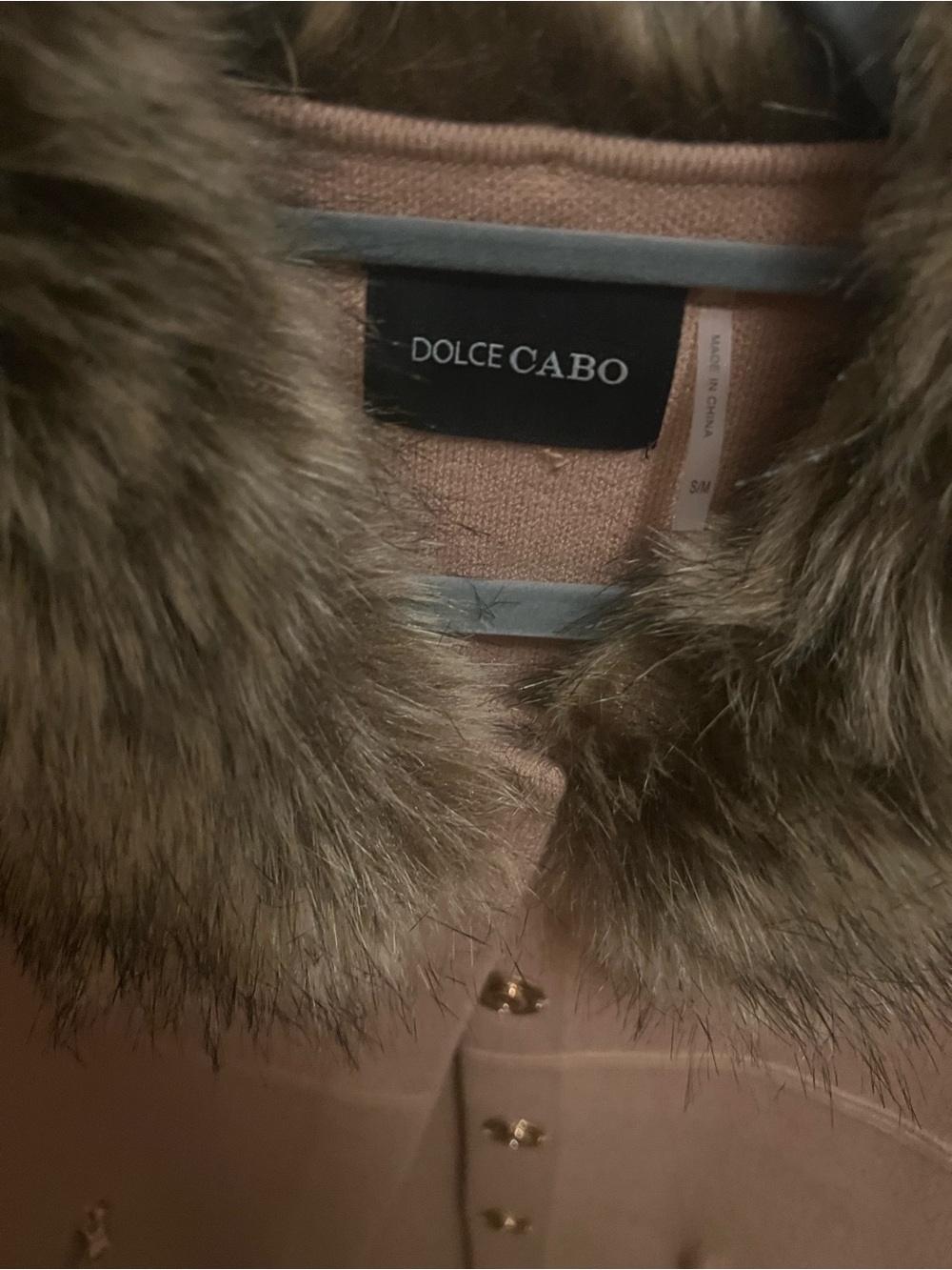 Dolce Cabo Taupe Coat with Faux Fur Collar and Gold-Tone Buttons